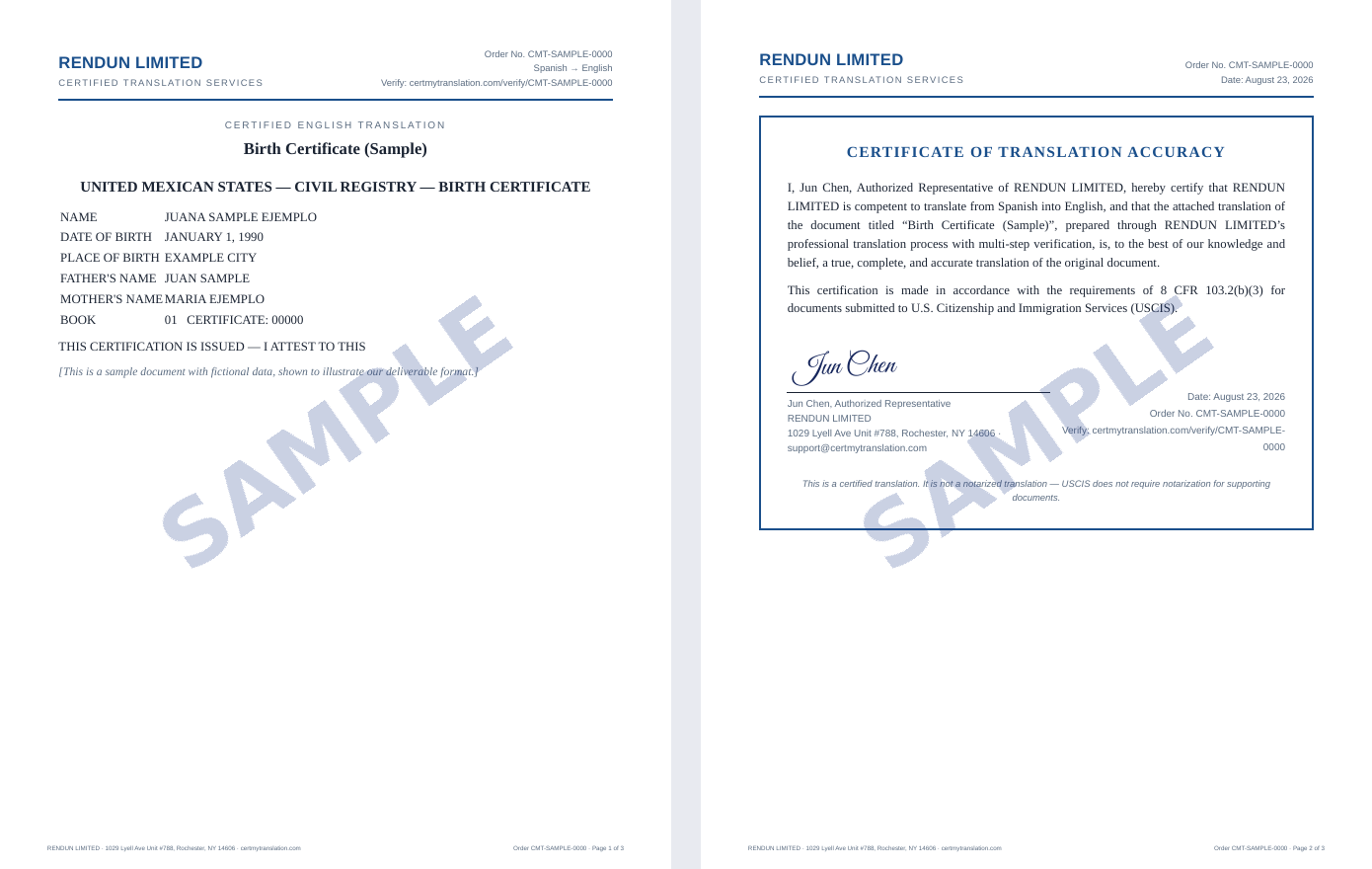 Sample certified translation deliverable: translation page and signed Certificate of Translation Accuracy